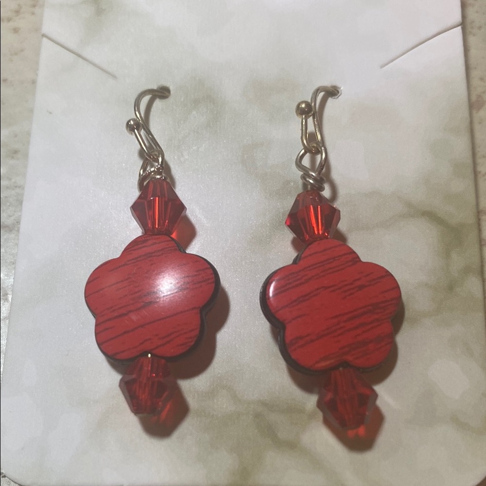 Hand Crafted Red and Silver Earrings with Floral Design